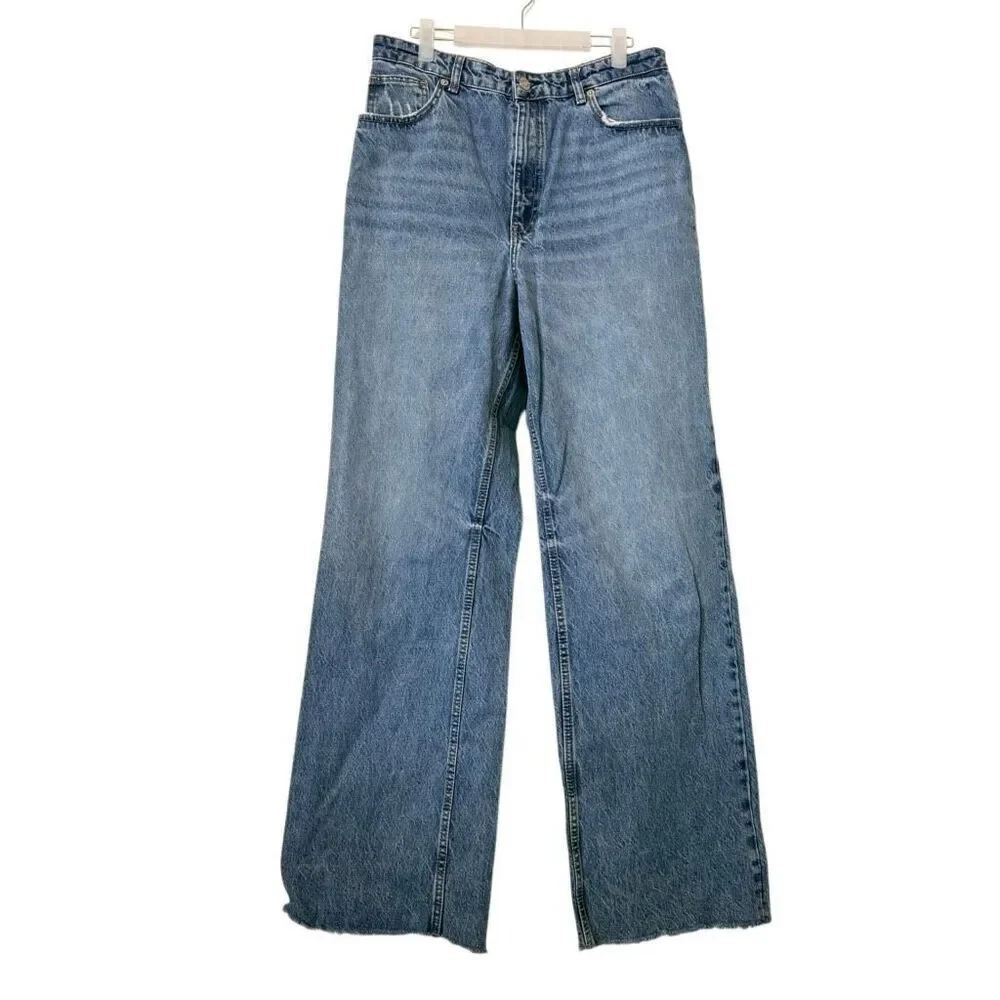 Zara High Rise Straight Wide Leg Raw Hem Full Length Blue Denim Jeans Size 14